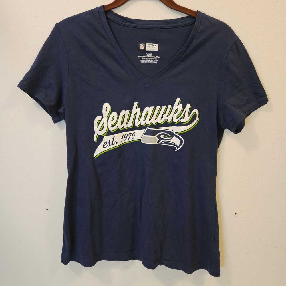 NFL Team Apparel Seattle Seahawks V-Neck Graphic T-Shirt Navy Blue Womens Medium